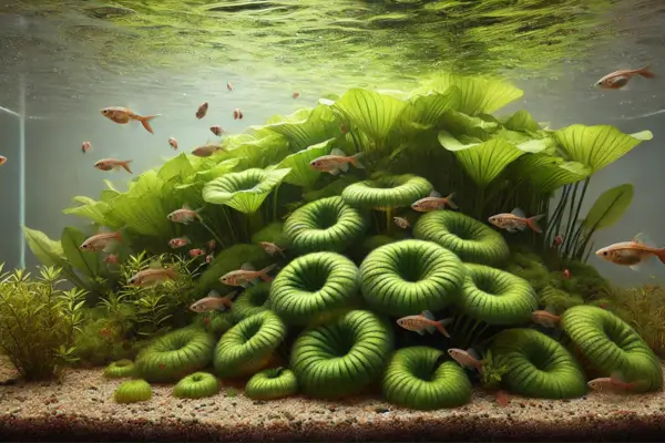 Salvinia auriculata flutuando na superfície do aquário, com rizoides densos visíveis abaixo da água e peixes pequenos nadando próximos.