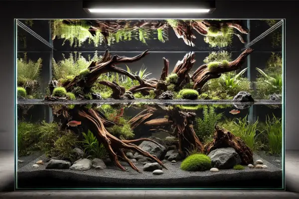 Aquário de aquascaping com superfície espelhada refletindo plantas, troncos e luz natural.