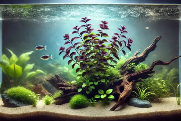 Aquário de baixa tecnologia com Bacopa salzmannii roxa compacta, cercada por plantas amazônicas e iluminação suave, sem injeção de CO₂.