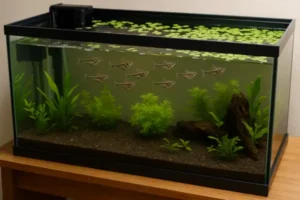 Aquário amazônico grande com Carnegiella strigata nadando próximo à superfície entre plantas flutuantes e troncos, transmitindo ambiente natural e mágico.