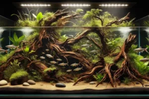 Design funcional de aquário amazônico com raízes expostas, plantas e fluxo suave de água, com cardume de tetras nadando entre galhos e áreas sombreadas