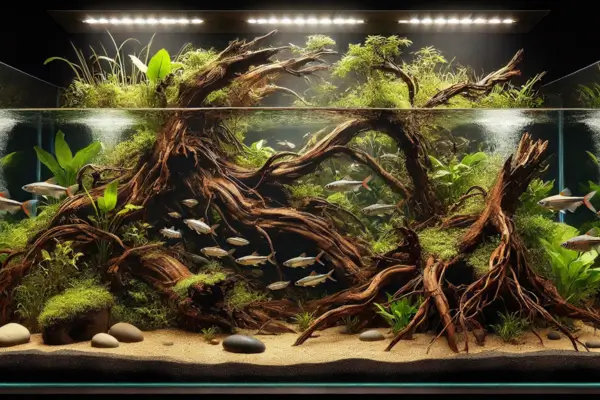 Design funcional de aquário amazônico com raízes expostas, plantas e fluxo suave de água, com cardume de tetras nadando entre galhos e áreas sombreadas
