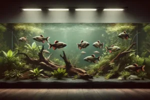 Aquário amazônico ultra realista com Uaru Amphilophus nadando entre plantas e troncos, em ambiente calmo e natural ideal para redução de estresse.