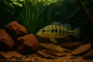 Tucunaré-anão nadando em aquário amazônico com rocha ferruginosa, folhas secas e iluminação suave simulando luz filtrada pelo canopeamento.